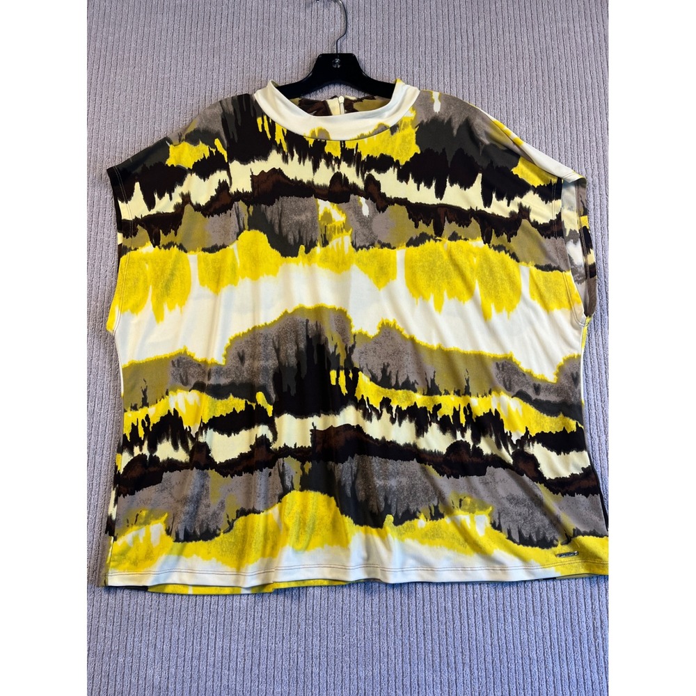 Calvin Klein Top Womens 2X Yellow Abstract Stripe Mock Neck Short Sleeve Career